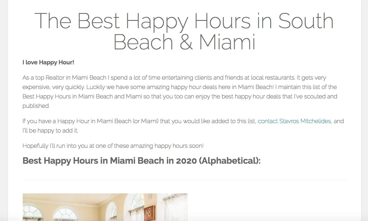 Webpage listing the best happy hours in South Beach and Miami, featuring a personal note from a local realtor and contact information.