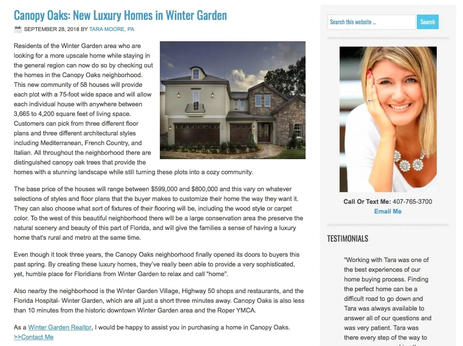 Screenshot of a real estate blog post by Tara Moore featuring luxury homes in the Canopy Oaks neighborhood of Winter Garden, including an image of a large house and contact details for the realtor.