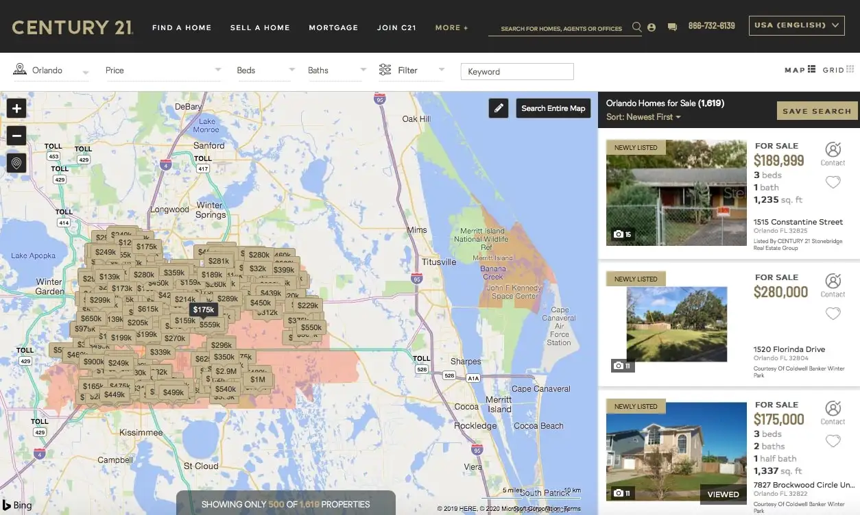 Century 21 map view of Orlando homes for sale with property prices and listings