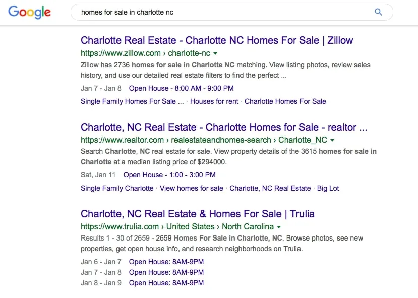 Google search results for homes for sale in Charlotte NC showing Zillow, Realtor.com, and Trulia listings