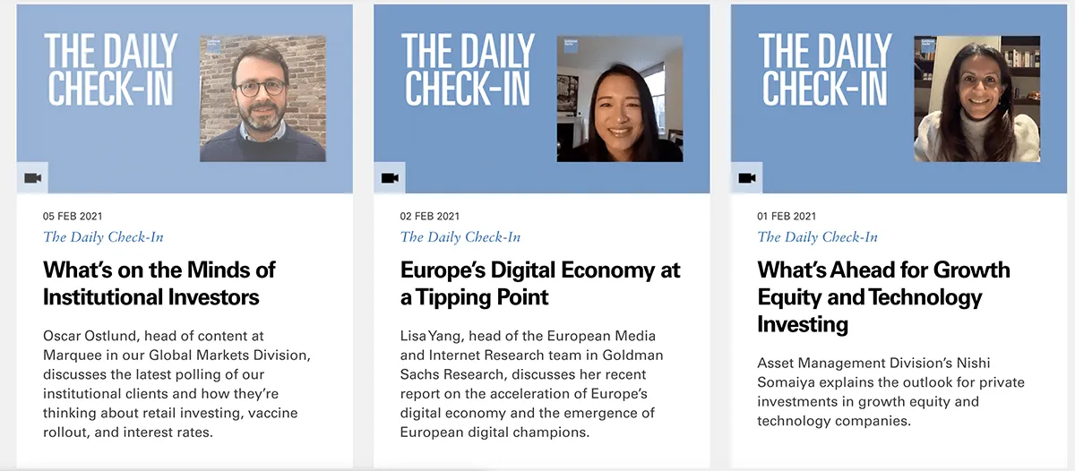 The Daily Check-In series featuring insights on institutional investors, Europe's digital economy, and technology investing from Goldman Sachs experts
