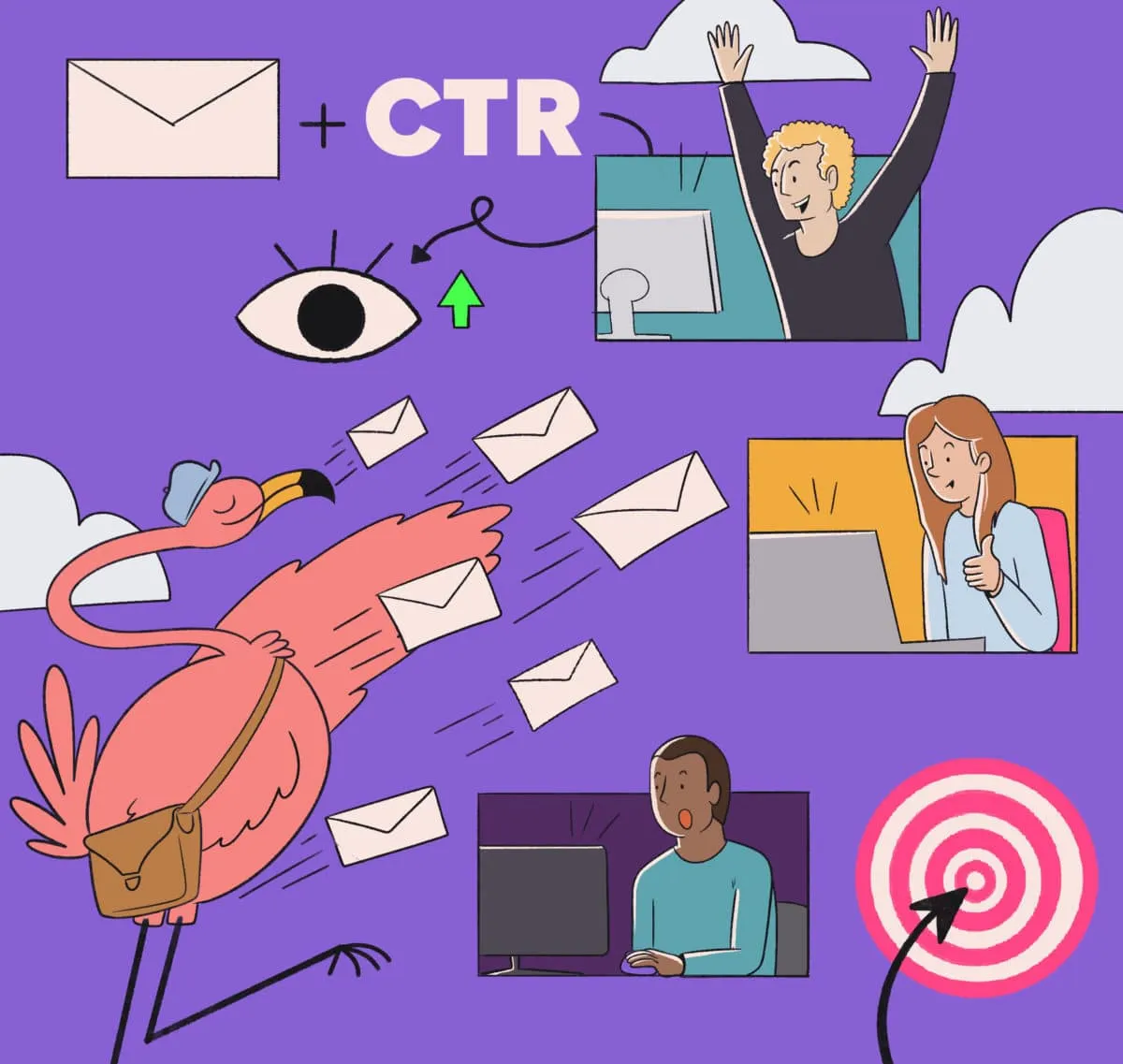 Cartoon flamingo delivering emails with excited recipients at computers, illustrating the impact of email marketing on CTR and audience engagement