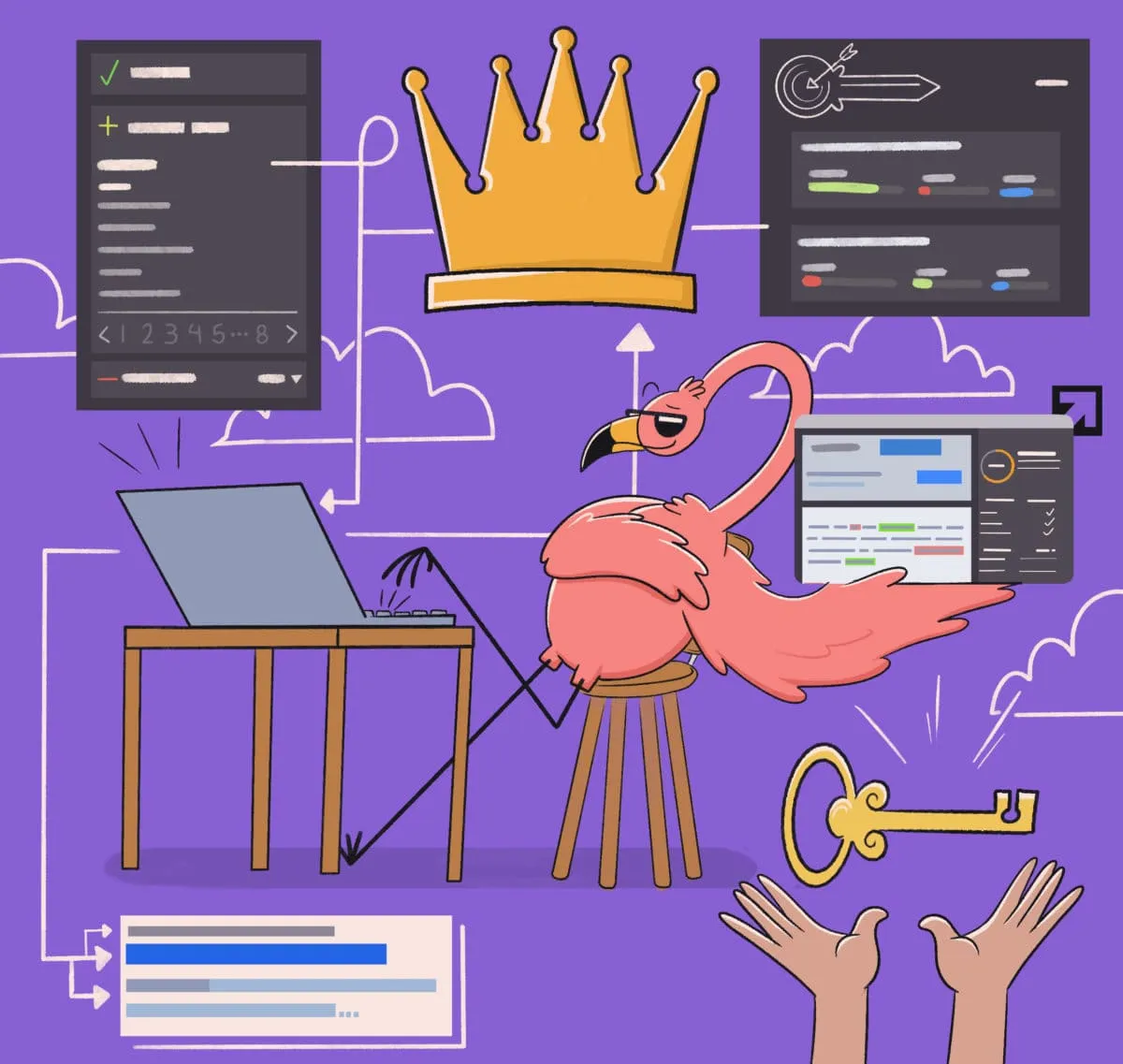 Illustration of a flamingo confidently using a laptop surrounded by SEO elements and a crown symbolizing success