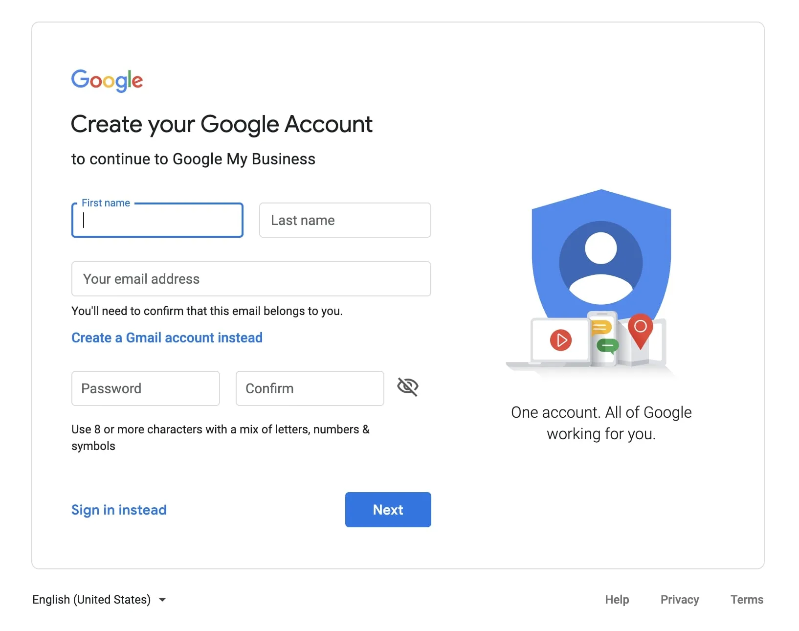 Google account creation form to continue to Google My Business with input fields for name, email, and password