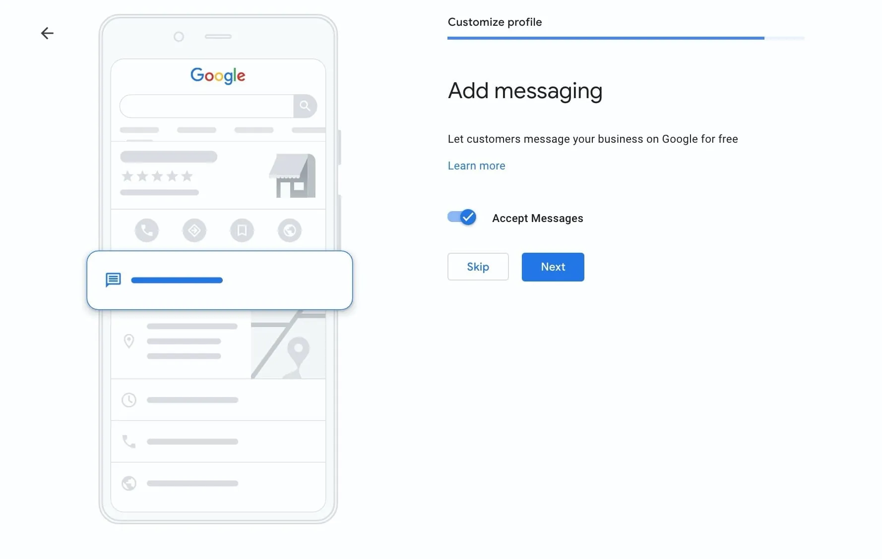 Google My Business interface showing the step to enable messaging with options to accept messages, skip, or proceed to the next step