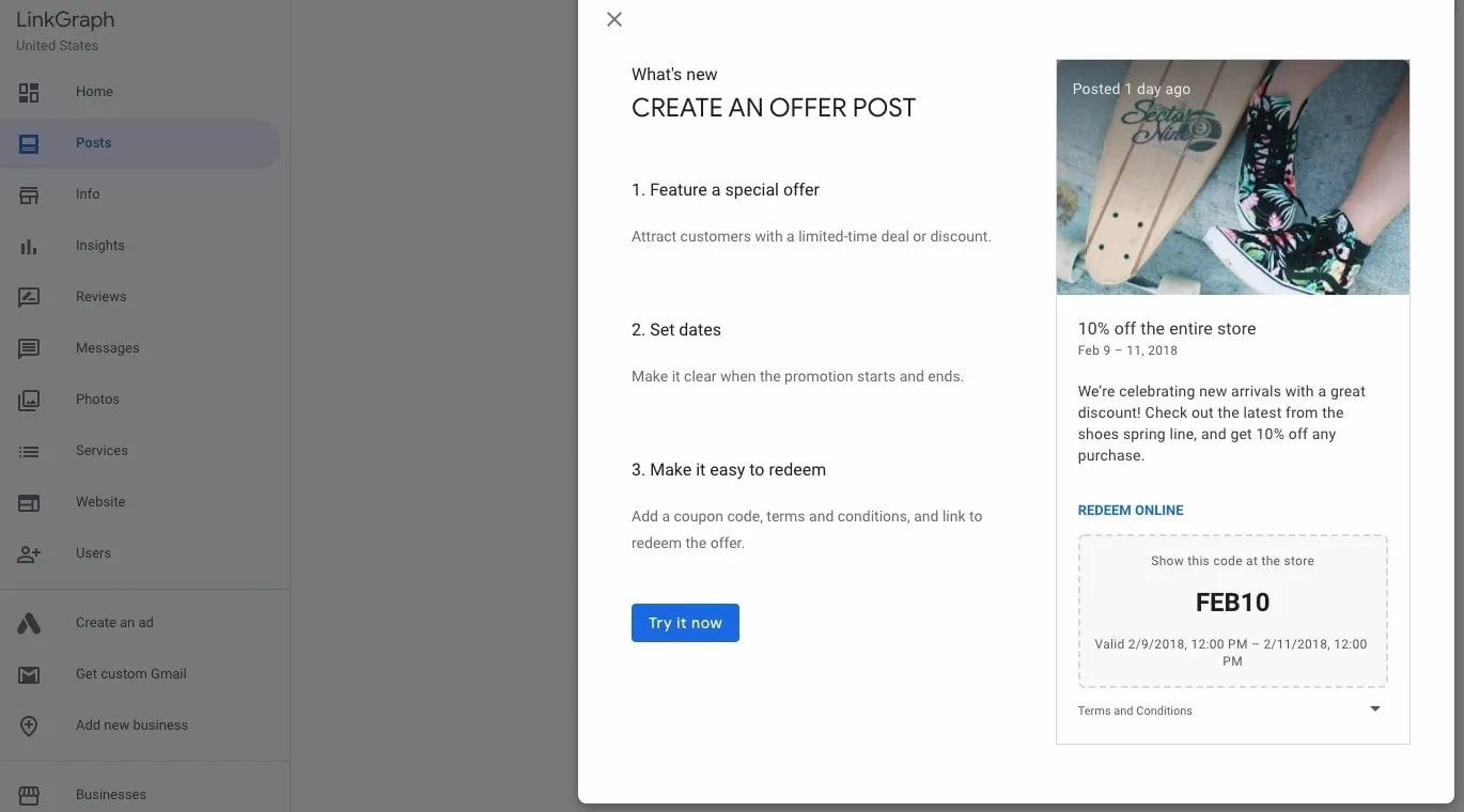 Google Business dashboard showing how to create an offer post with discount details and promo code