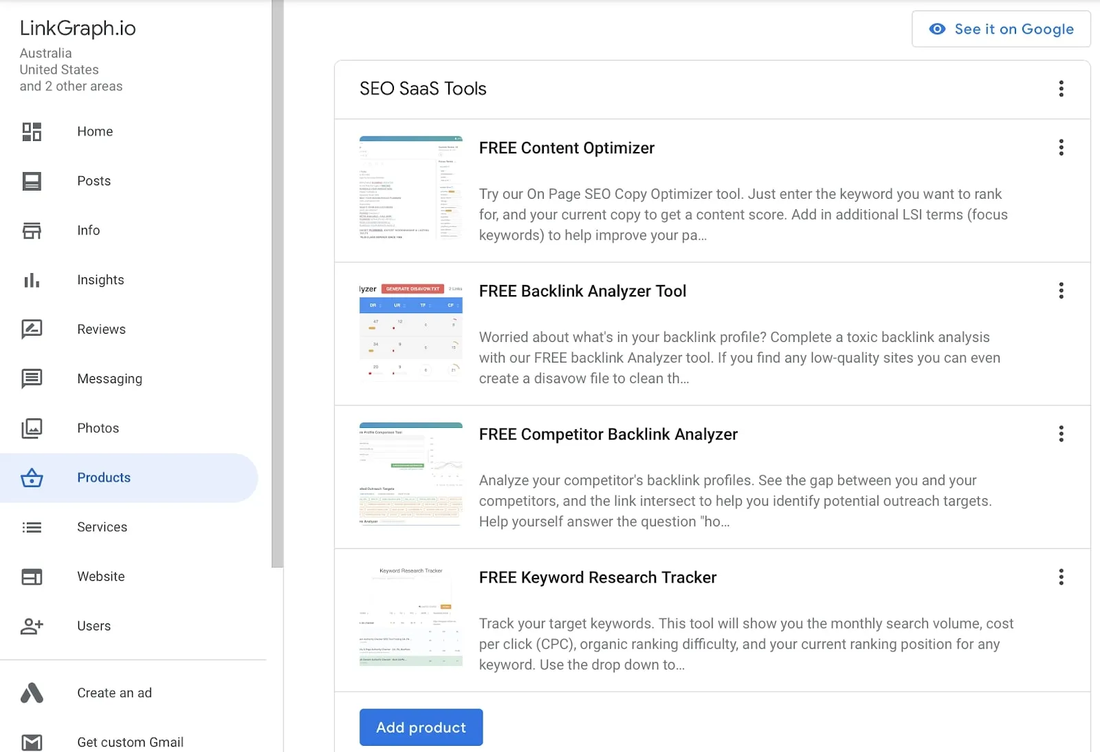Google Business profile dashboard showing LinkGraph.io's SEO SaaS tools section with products like FREE Content Optimizer, FREE Backlink Analyzer Tool, FREE Competitor Backlink Analyzer, and FREE Keyword Research Tracker.