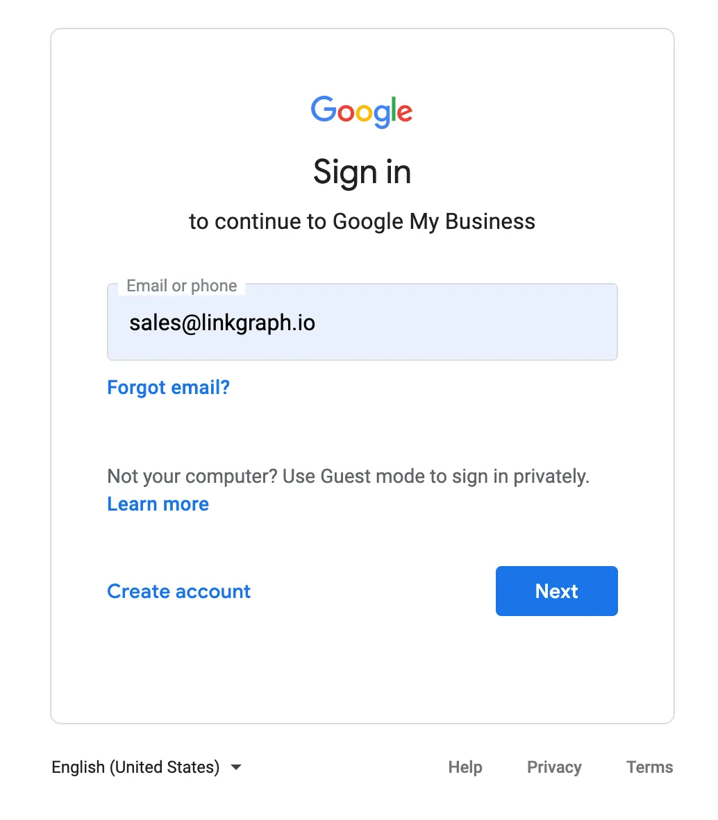 Google My Business sign-in page showing email input and login options