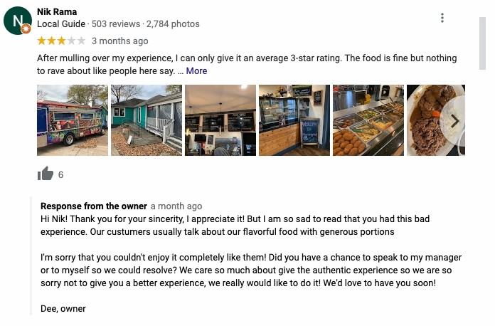 Google review screenshot showing a 3-star rating by Nik Rama with food photos and a thoughtful response from the owner addressing the feedback