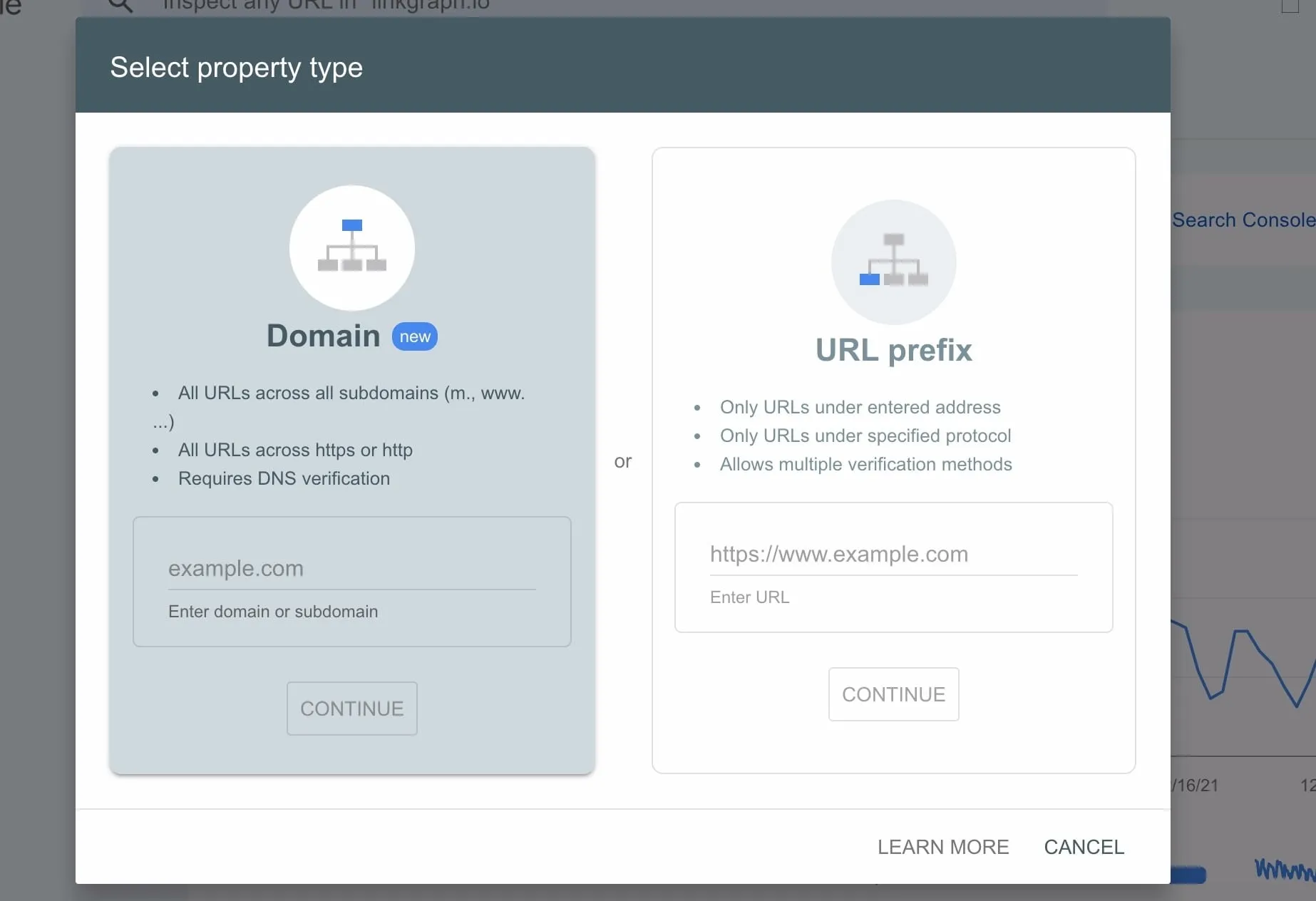Google Search Console screen showing property type selection between Domain and URL prefix options