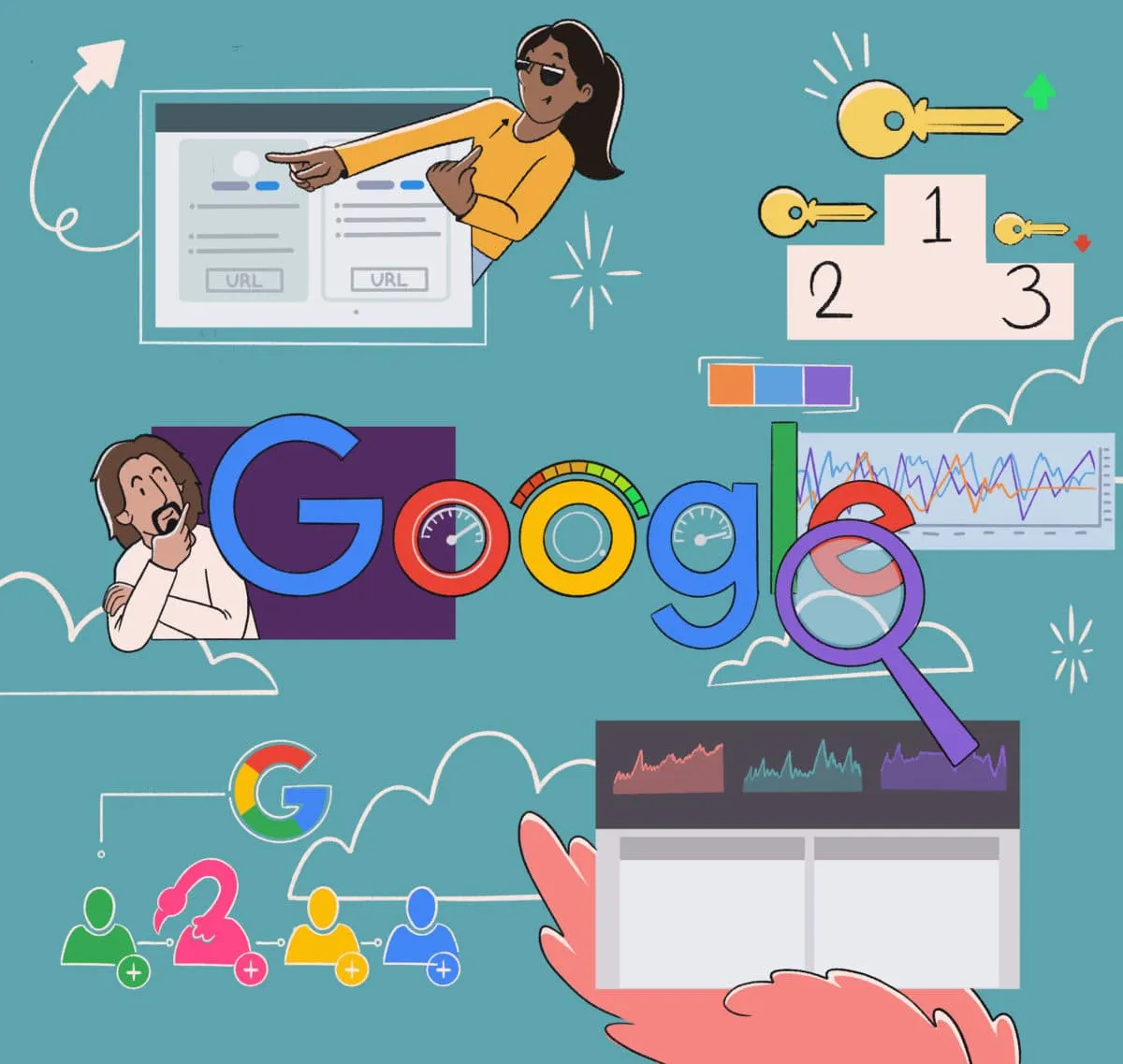 Colorful illustration showing Google search, keyword rankings, analytics, and user profiles, with people analyzing search results and keyword performance.