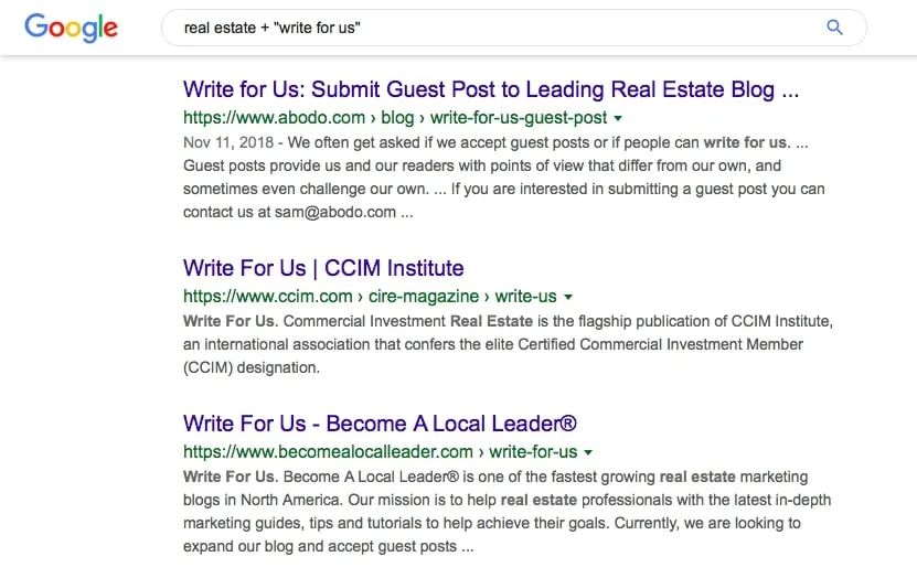 Google search results for real estate blogs accepting guest posts with write for us pages