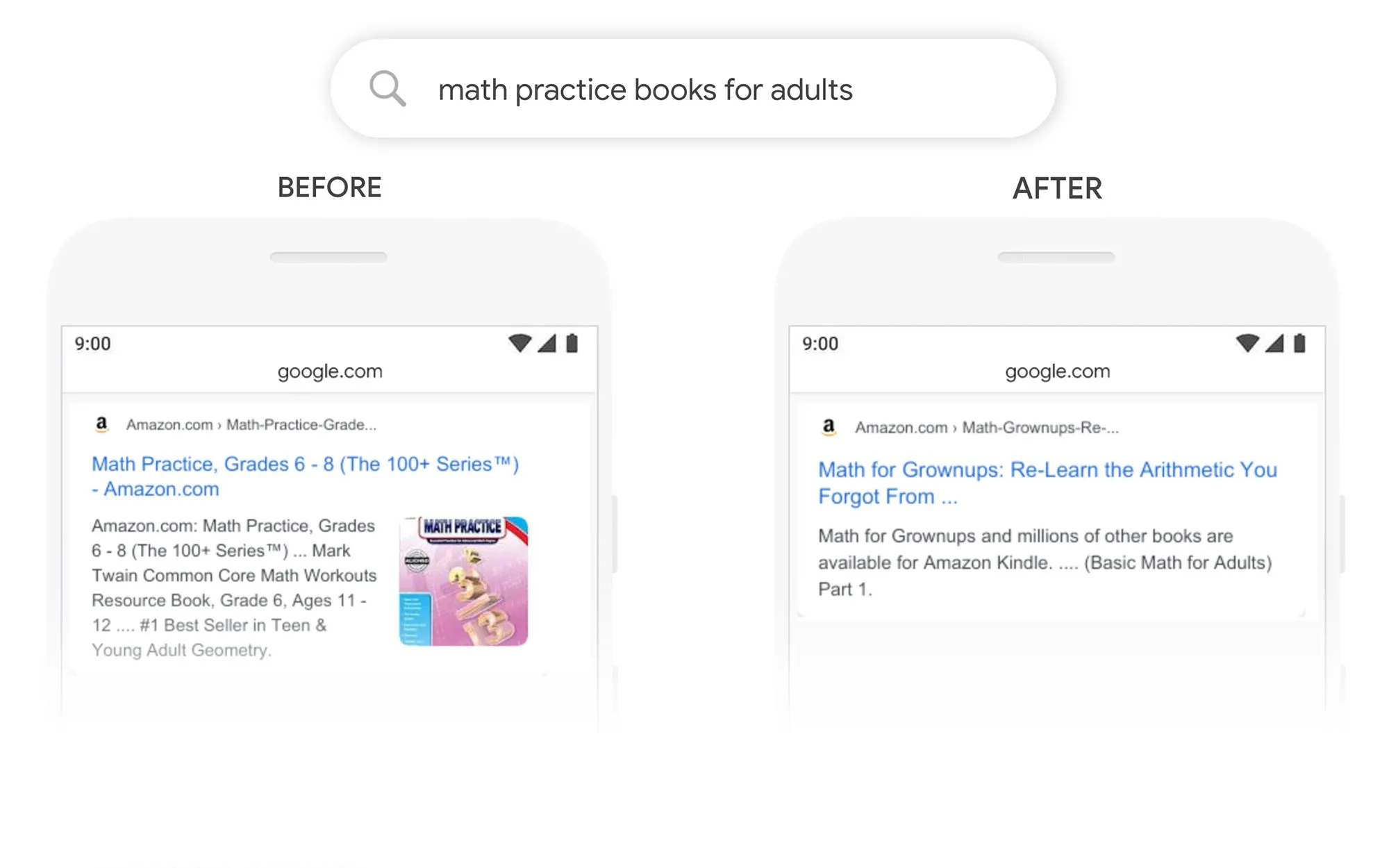 Before and after comparison of Google search results for 'math practice books for adults,' showing improved snippet relevance from a children's math book to an adult-focused title