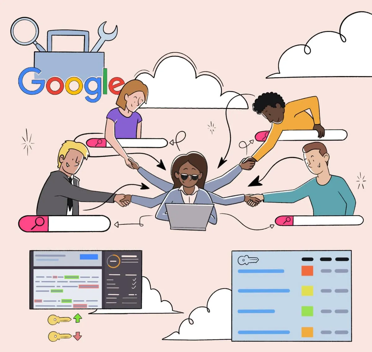 Illustration of SEO collaboration with multiple users connecting through search interfaces to a central manager with Google tools and dashboards in the background