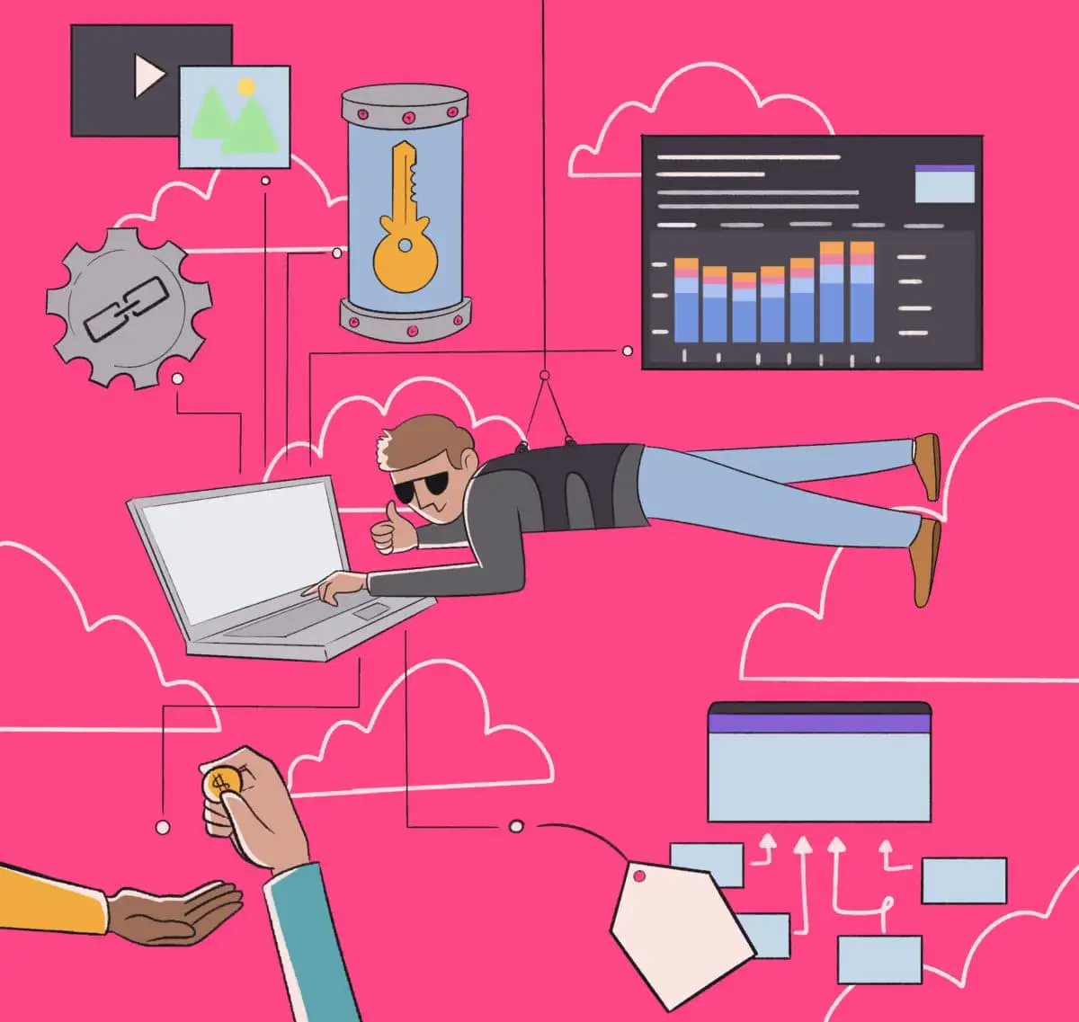Illustration of hacker stealing data with cloud access and analytics breach