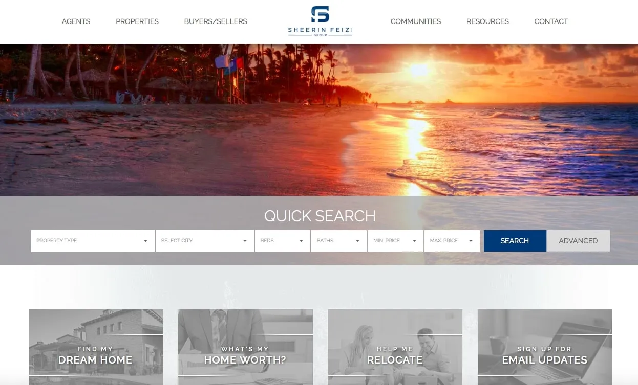 Real estate website homepage with a scenic sunset beach banner, quick search filters for properties, and navigation menu including agents, properties, communities, and contact.