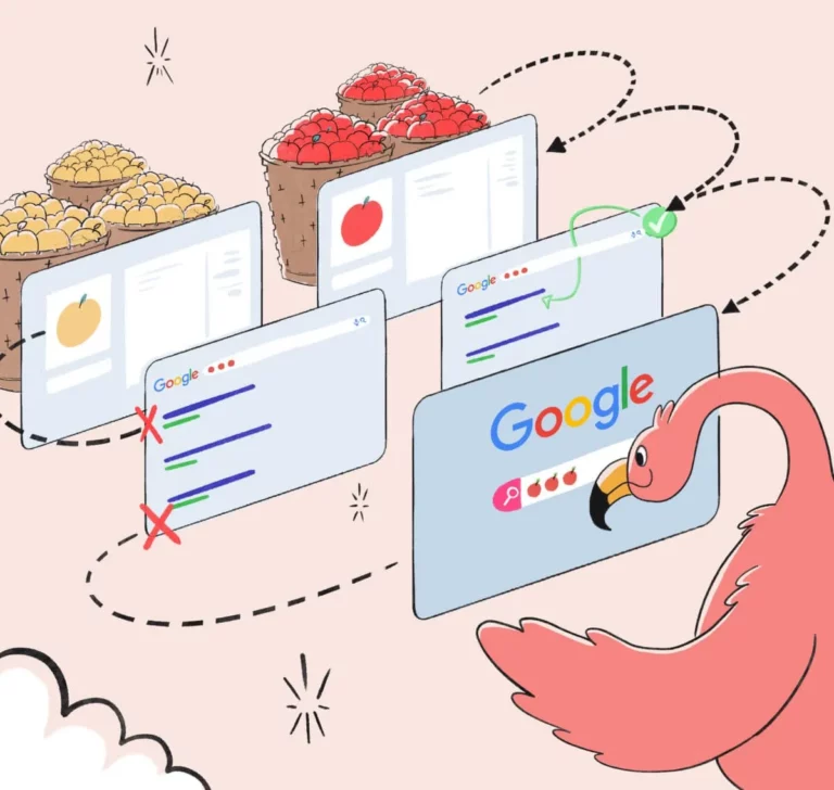Illustration of a flamingo analyzing Google search results with fruit icons symbolizing keyword relevance and ranking accuracy across multiple result pages