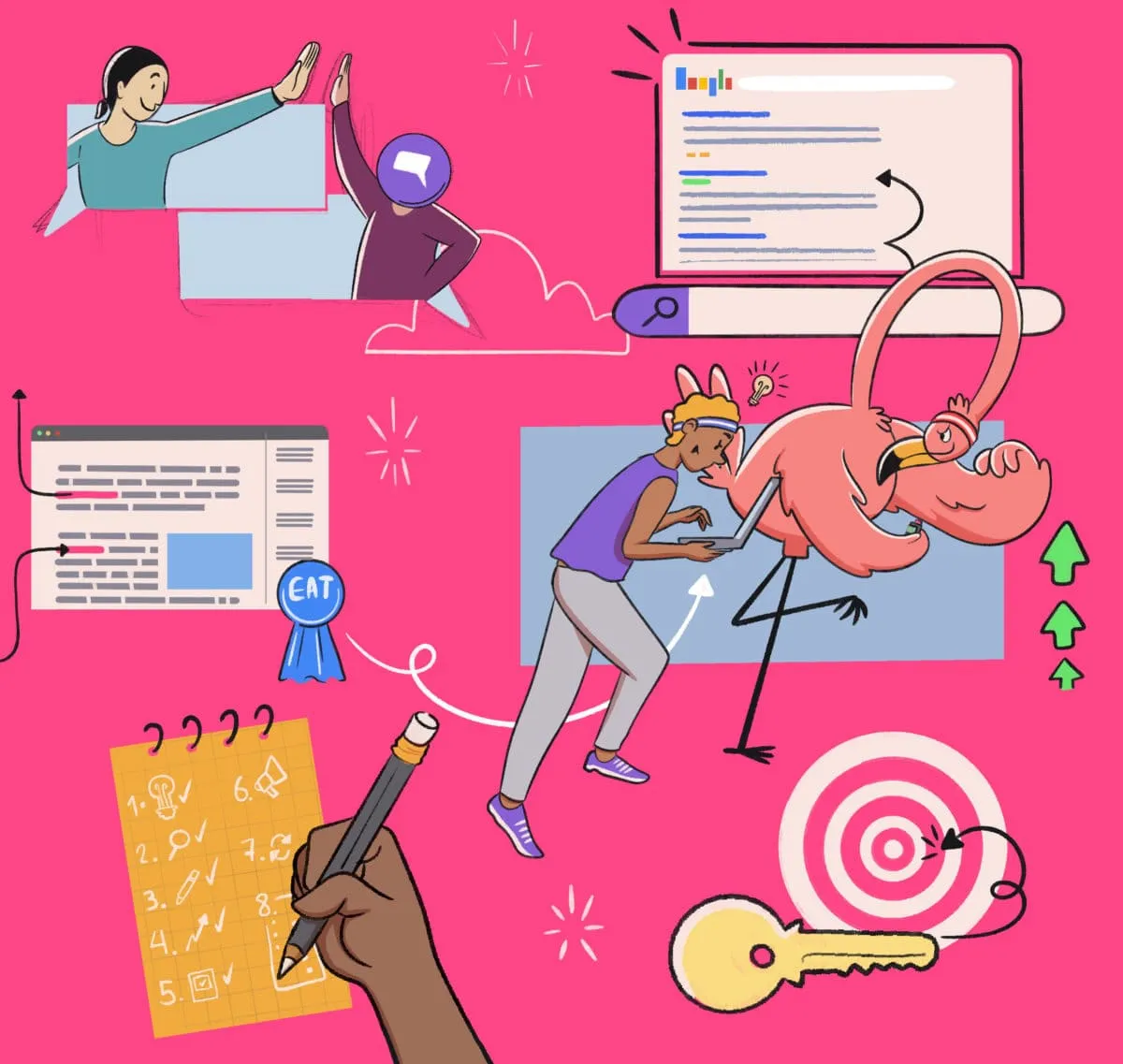 Illustration of a person writing content with a flamingo, SEO checklist, Google ranking results, E-A-T badge, and a target with a keyword symbol, on a bright pink background.