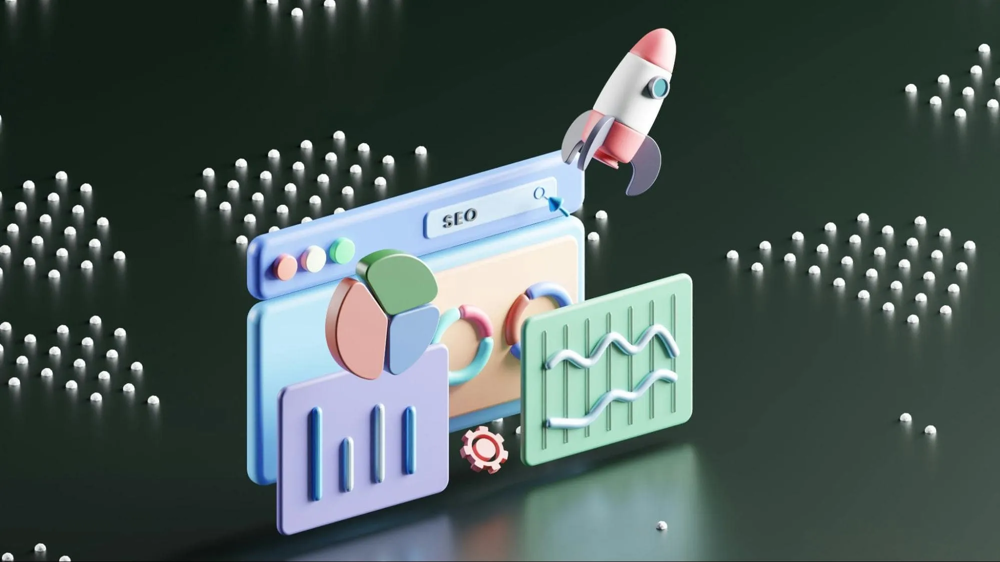 A 3D illustration depicting SEO elements with graphs, charts, and a rocket, symbolizing growth through backlinks and improved SERP rankings
