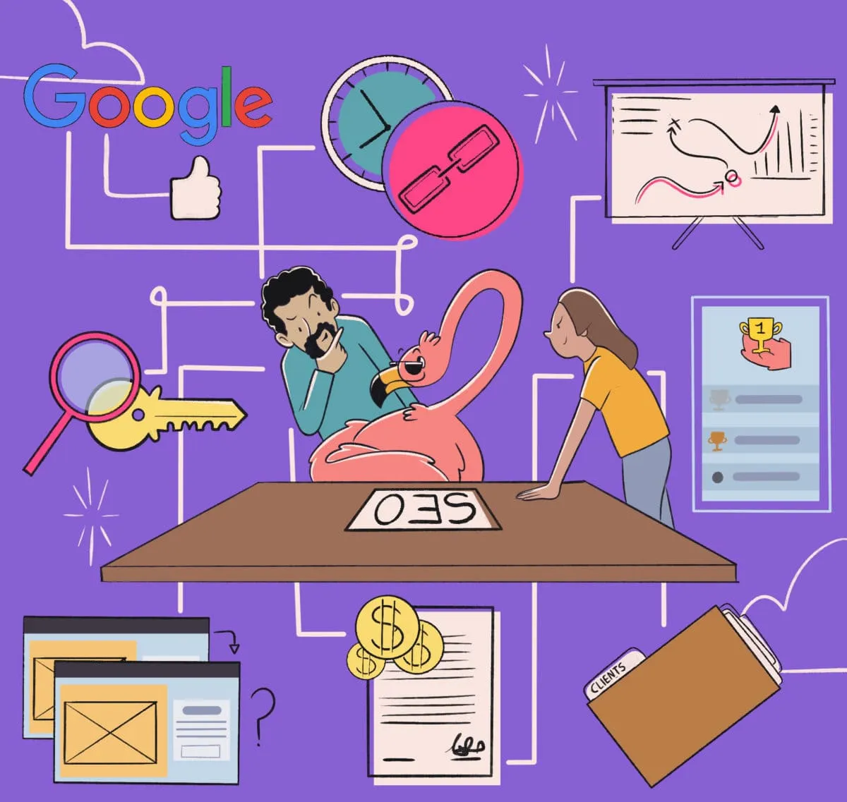 Illustration of a flamingo and two people planning an SEO strategy with visuals of keywords, backlinks, analytics, clients folder, and Google optimization symbols