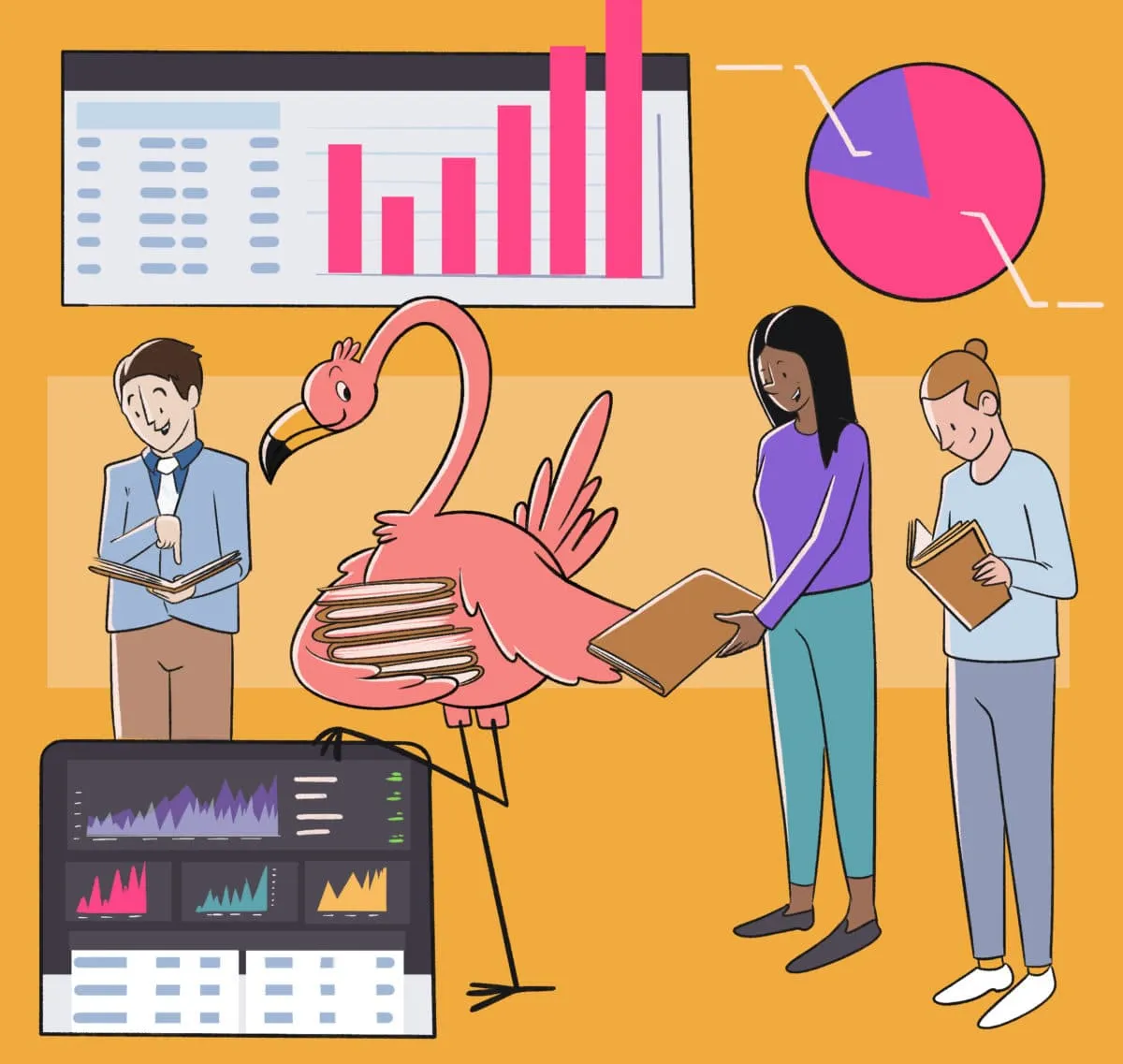 Illustration of a flamingo handing out reports to a team of three people, with colorful data charts, graphs, and dashboards in the background, representing teamwork and data analysis.