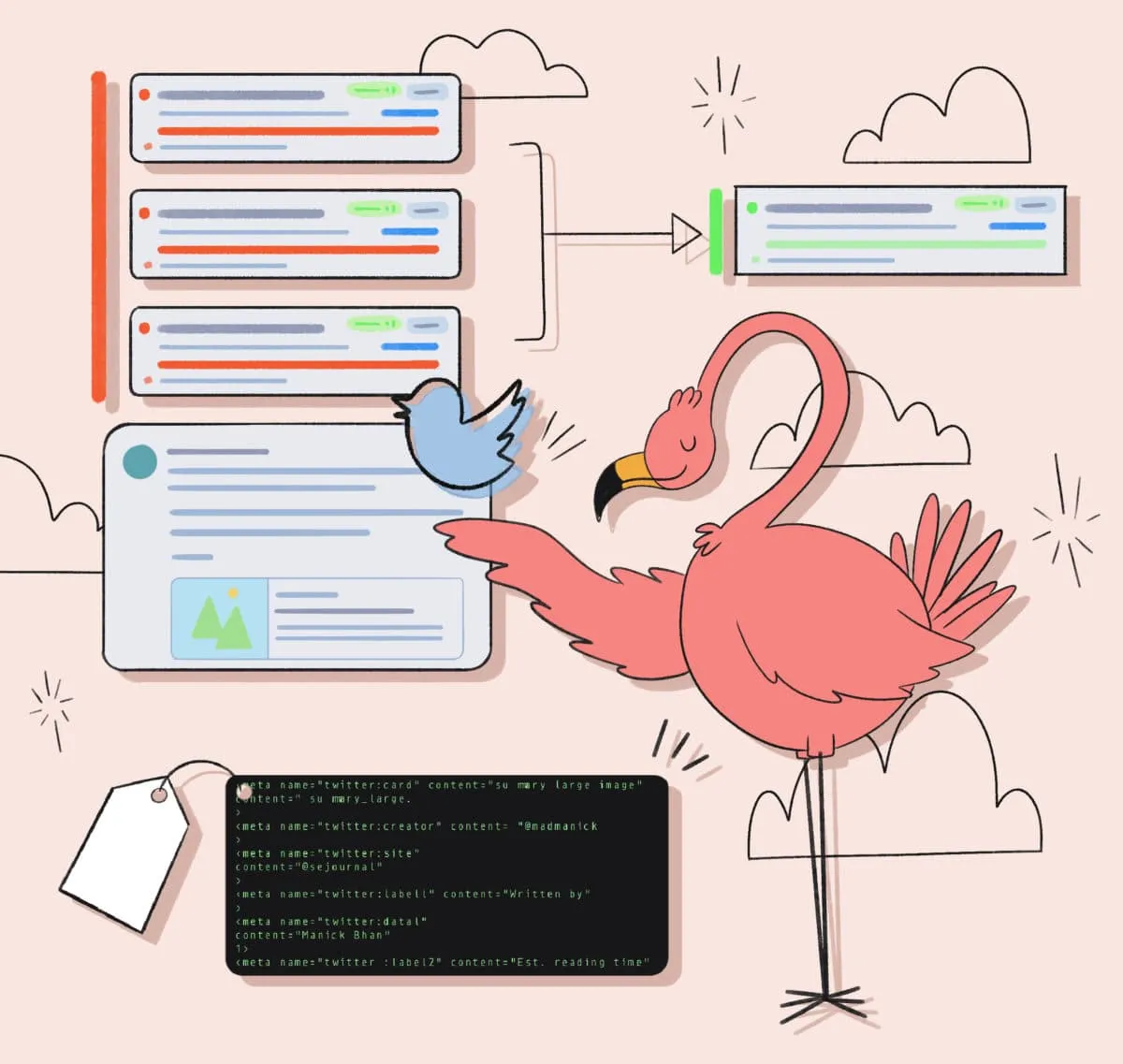 Illustration of a flamingo and Twitter bird optimizing social media meta tags and preview cards for better SEO sharing