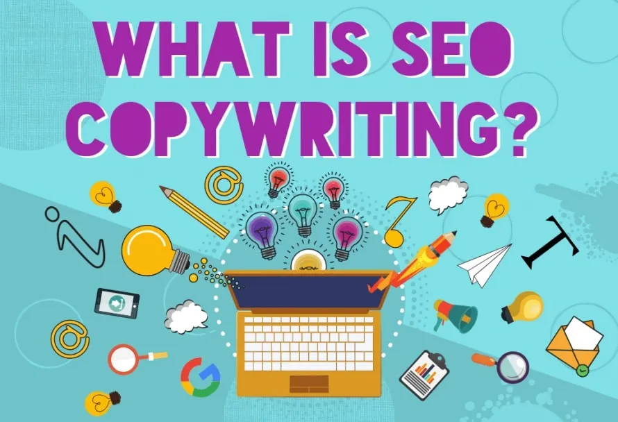 Colorful illustration with light bulbs, laptop, and icons asking "What is SEO Copywriting?" to explain digital content writing