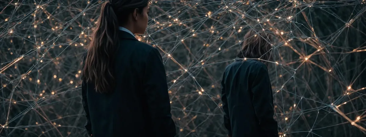 Business professionals exploring illuminated digital network connections in dark environment