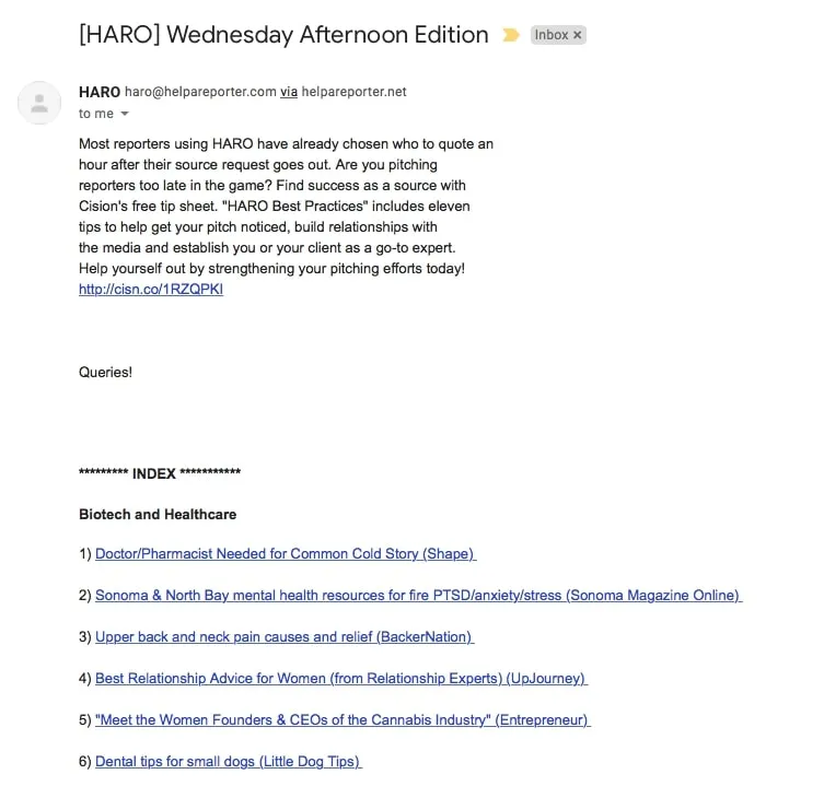 Screenshot of a HARO Wednesday Afternoon Edition email showing a list of media queries under the Biotech and Healthcare section