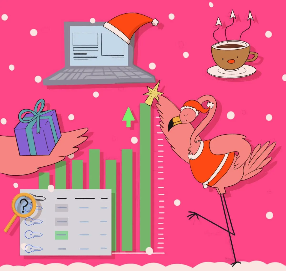 Festive illustration of a flamingo in a Santa outfit placing a star on a rising bar graph, symbolizing SEO growth during the holidays with gifts, laptop, coffee, and keyword data