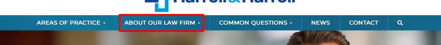 Highlighted menu tab labeled 'About Our Law Firm' in a blue website navigation bar for a legal website