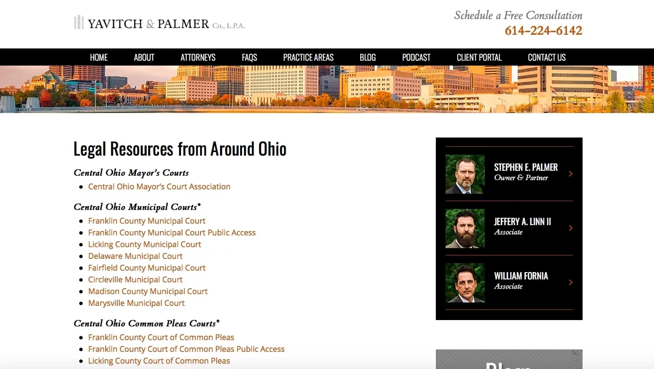 Webpage showing legal resources across Central Ohio courts and attorney profiles from Yavitch & Palmer law firm