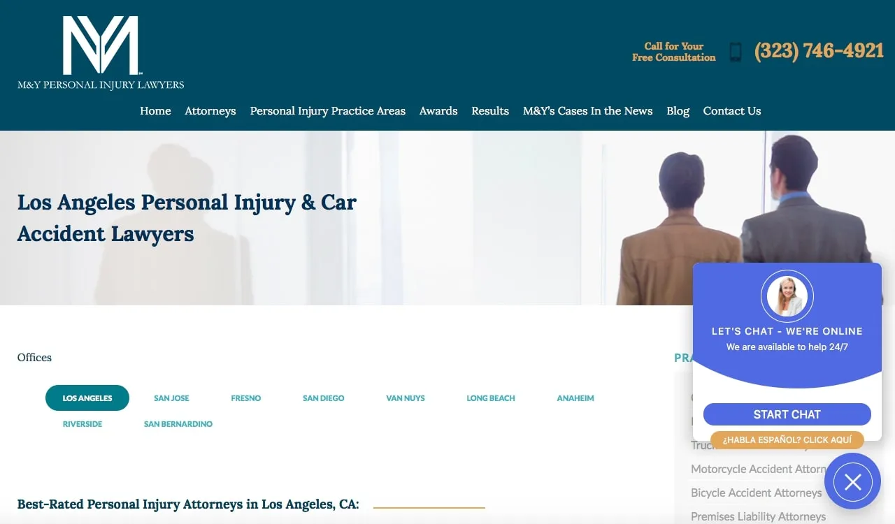 Screenshot of M&Y Personal Injury Lawyers website homepage showing contact details, navigation menu, and live chat popup for legal consultation in Los Angeles
