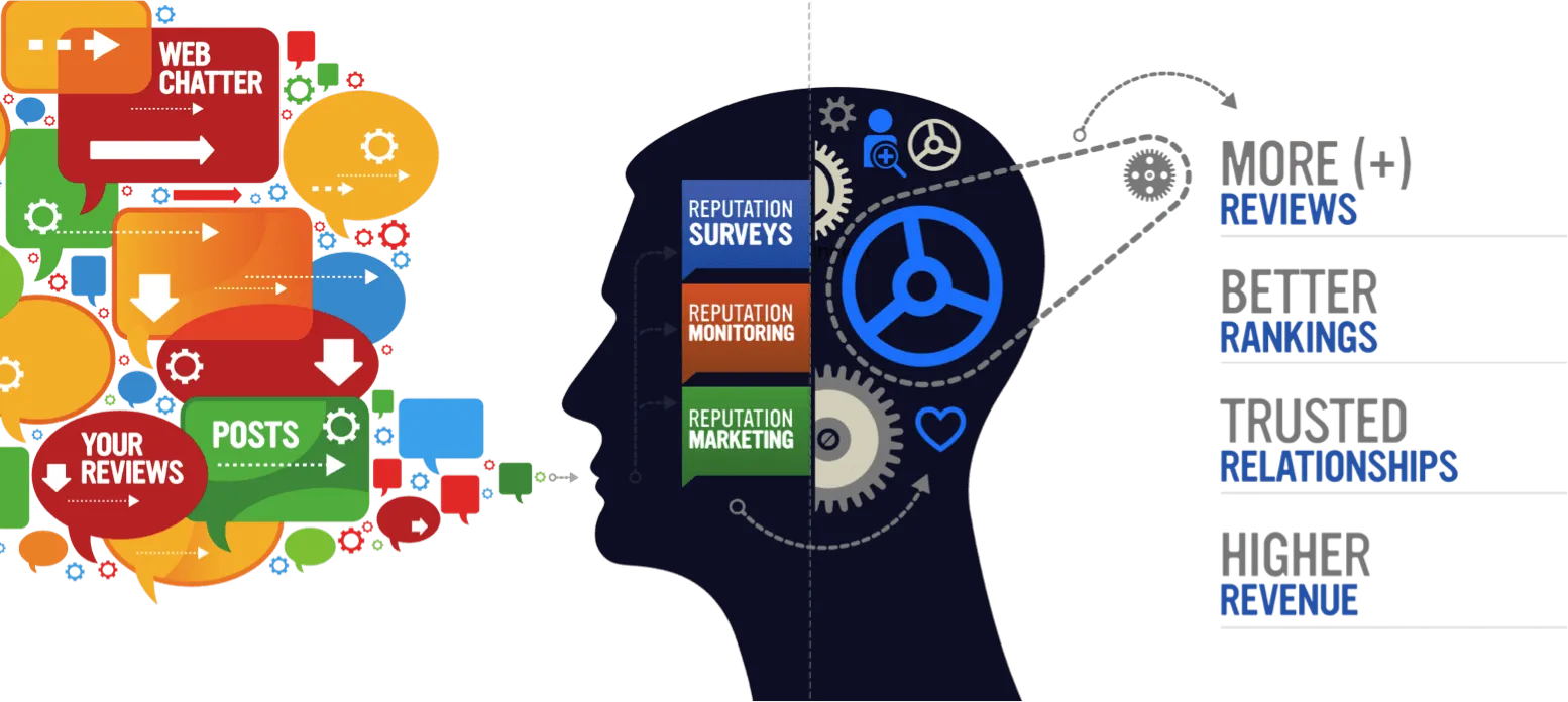 Visual showing how reviews and posts lead to surveys, rankings, trust, and revenue via reputation marketing