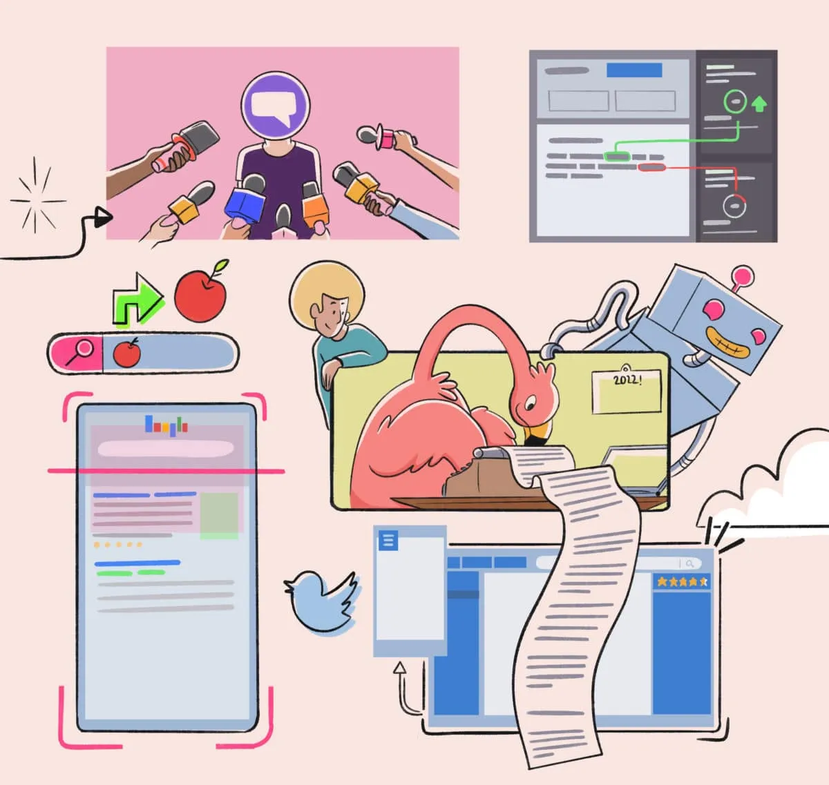 Illustration of AI and a flamingo creating SEO content, with visuals of press interviews, search rankings, content review, and social sharing elements