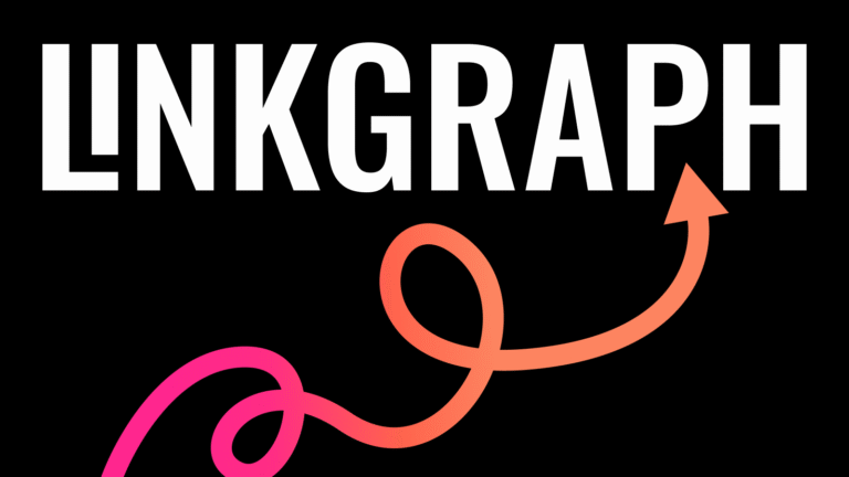 The word "LINKGRAPH" in bold white letters on a black background, with a looping pink-to-orange arrow ending at the letter "H.
