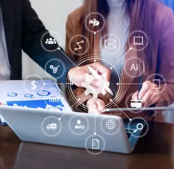 Business team using AI and digital automation strategy on laptop interface