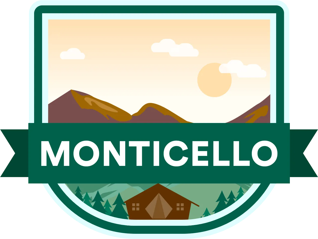 Badge-style graphic with a scenic mountain landscape, sun, clouds, pine trees, and a wooden cabin, labeled 