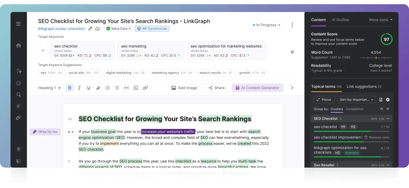 Screenshot of a content editor tool showing an SEO checklist article in progress with highlighted keywords, a content score of 97, and optimization metrics for readability and keyword usage.