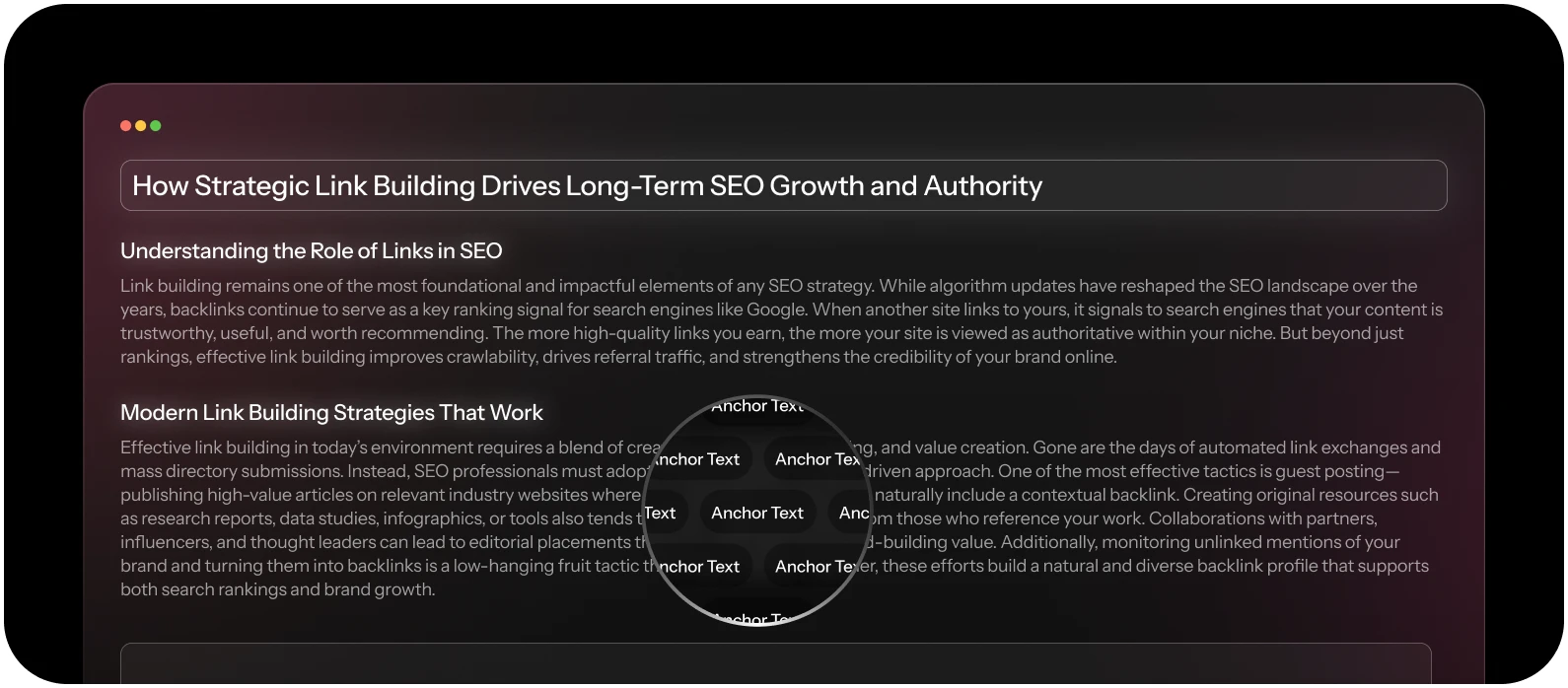 A screenshot of a webpage titled "How Strategic Link Building Drives Long-Term SEO Growth and Authority," displaying highlighted examples of the term "Anchor Text" alongside insights into using Enterprise SEO Software.