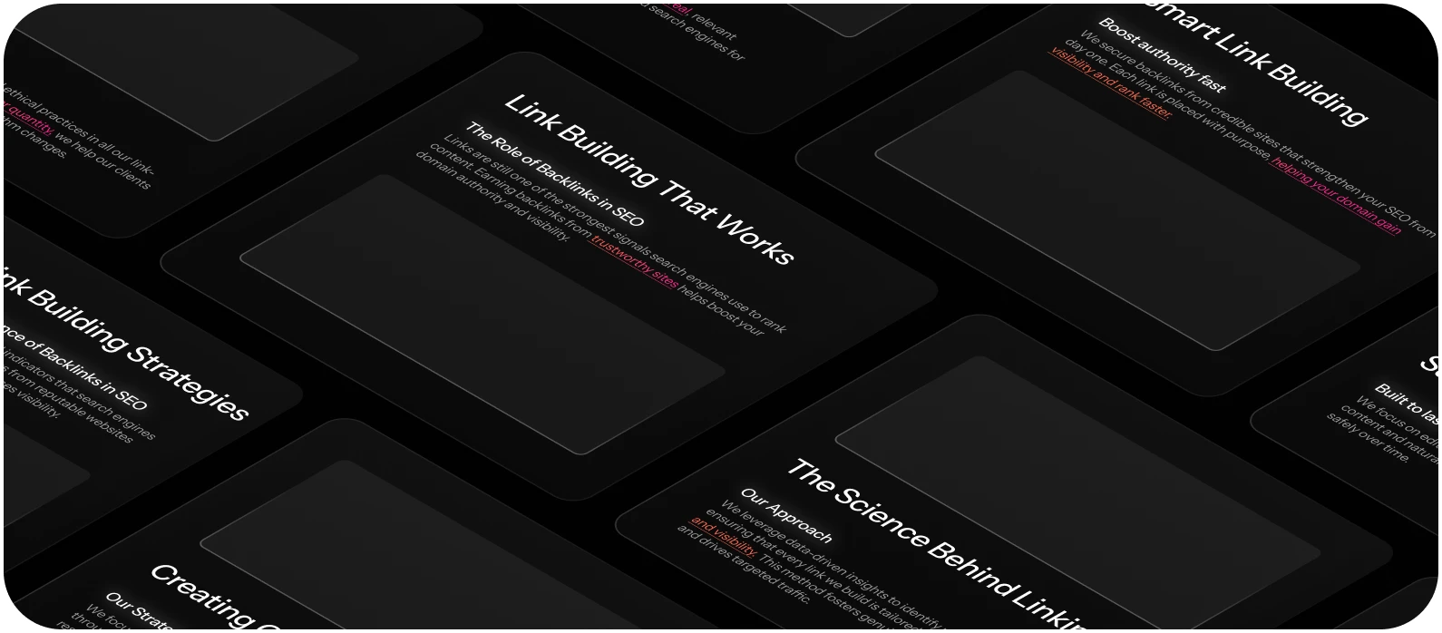 A grid of dark rectangular cards with white and pink text about various link building strategies, displayed on a black background, showcases features commonly found in leading Enterprise SEO Software.