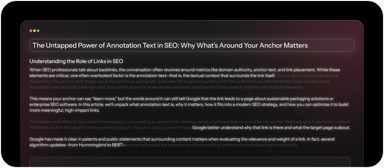 A computer screen displays an article titled "The Untapped Power of Annotation Text in SEO: Why What’s Around Your Anchor Matters," discussing the role of annotation text in search rankings and its relevance for Enterprise SEO Software strategies.