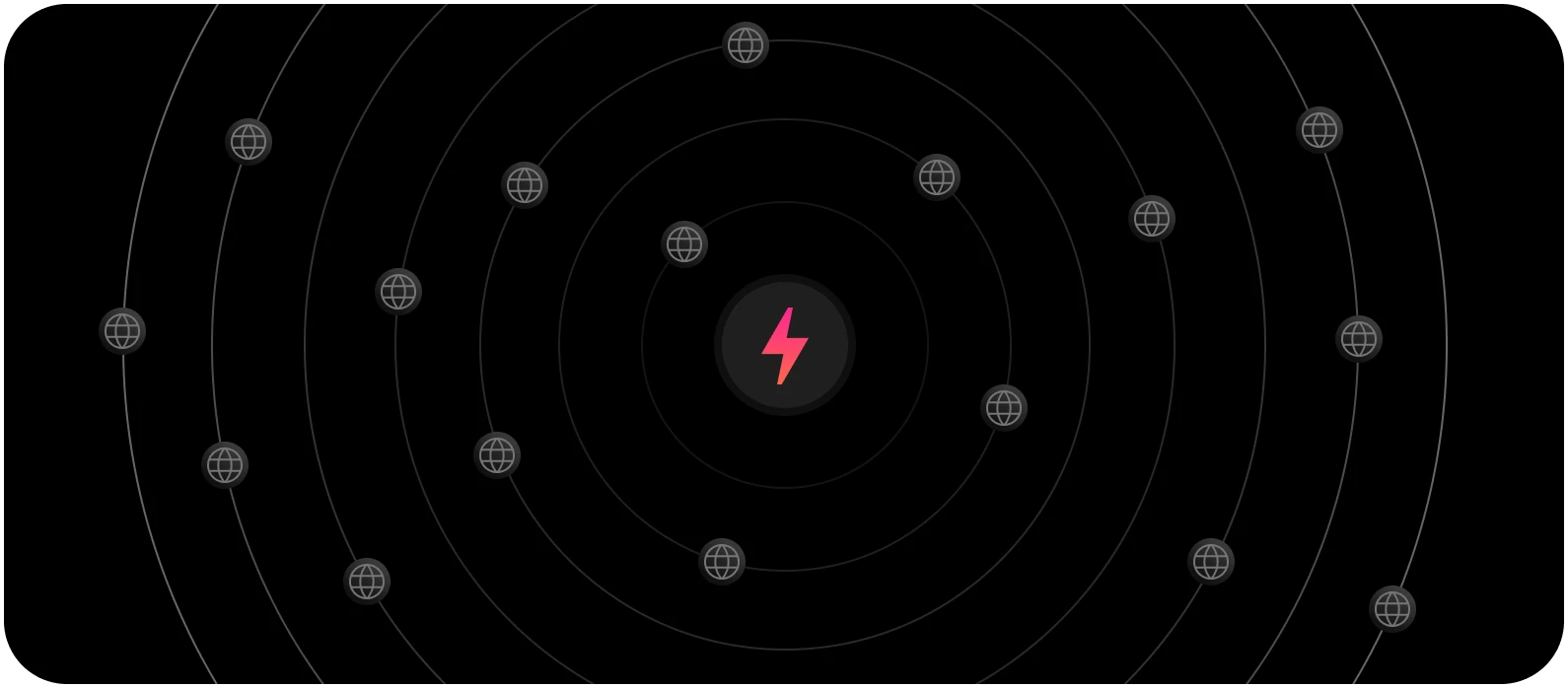 A red lightning bolt icon is centered, surrounded by concentric circles with small globe icons, symbolizing Enterprise SEO Software connectivity and global reach, all set against a sleek black background.