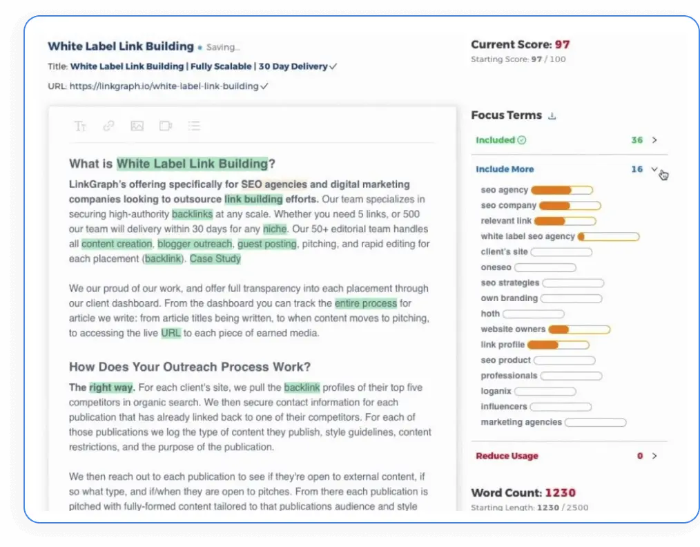 Screenshot of LinkGraph content editor showing optimized article with focus terms and SEO score