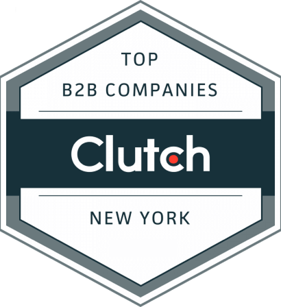 A hexagonal badge labeled "Top B2B Companies Clutch New York" with a dark center band displaying the Clutch logo, highlighting excellence in Enterprise SEO.