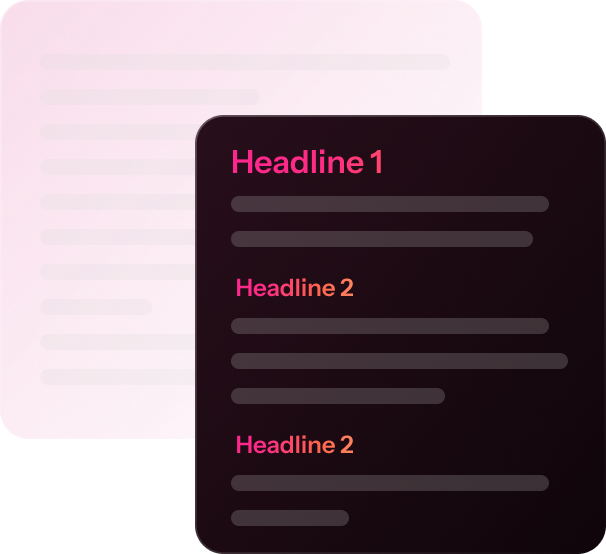 Two stylized documents overlap; the front dark document highlights "Headline 1" in pink and two orange "Headline 2" labels with text lines, illustrating effective on-page SEO elements.