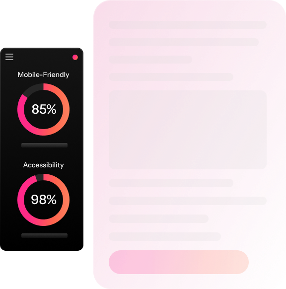 A dashboard displays two circular progress charts—Mobile-Friendly at 85% and Accessibility at 98%—highlighting on-page SEO strengths, beside a blurred document background.