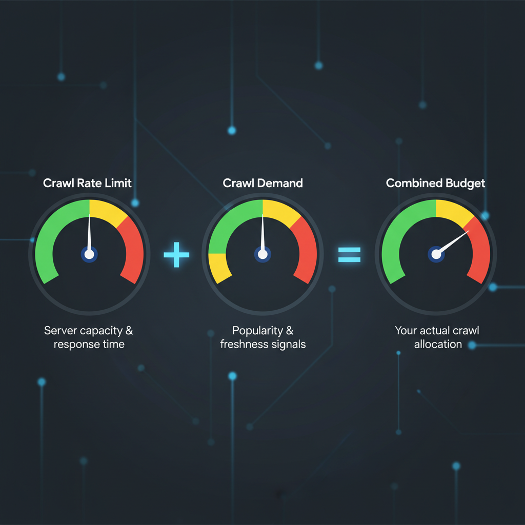 A digital graphic shows three gauges labeled Crawl Rate Limit, Crawl Demand, and Combined Budget, illustrating how server capacity and demand influence Crawl Budget Optimization and allocation.