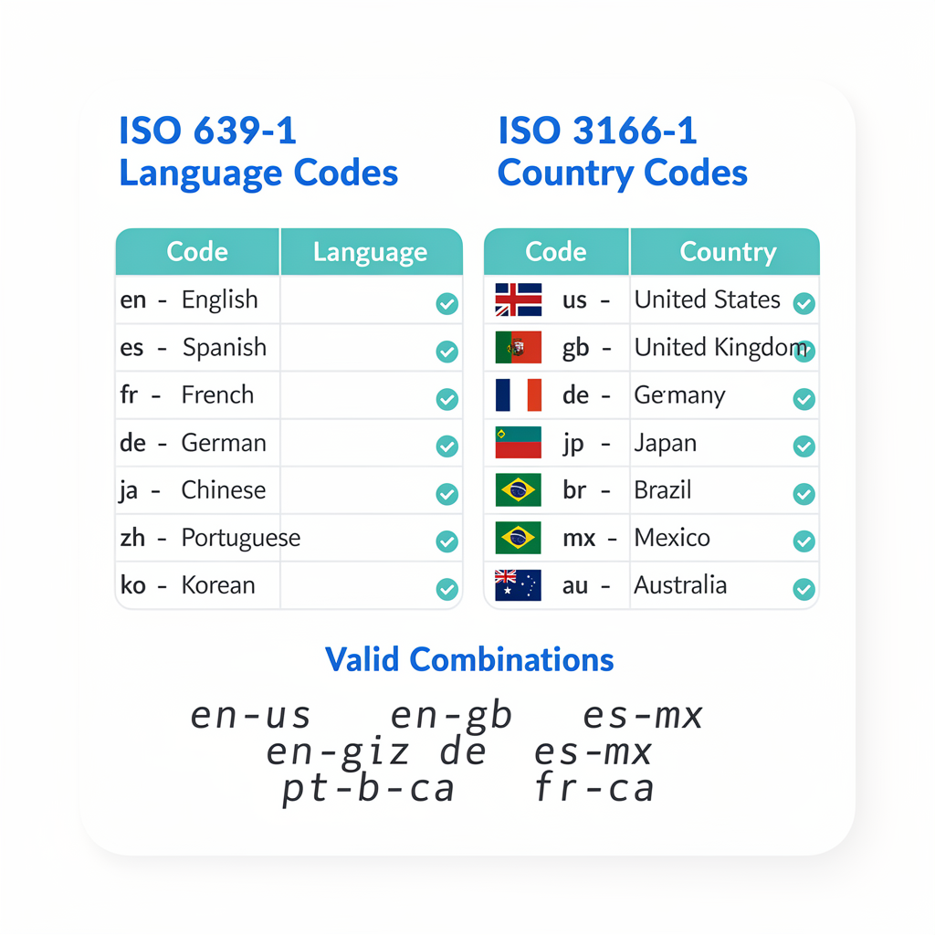 A chart showing ISO 639-1 language codes and ISO 3166-1 country codes, including valid combinations like en-us, es-mx, and others—an essential reference for any Hreflang Implementation Guide.