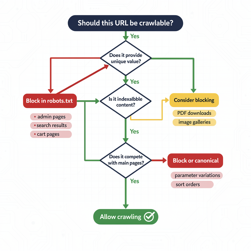 Flowchart outlining decisions for whether a URL should be crawlable, featuring checks for unique value, indexability, and competition with main pages to support effective Crawl Budget Optimization through targeted blocking or crawling actions.